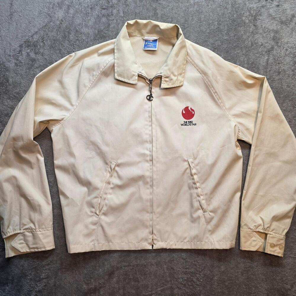 Vintage Champion Windbreaker Jacket Mens M Beige 1982 World's Fair Logo Retro
